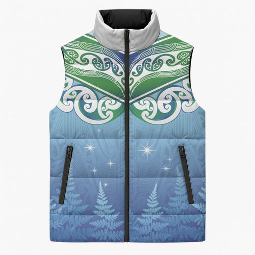 Aotearoa New Zealand New Year Sleeveless Puffer Jacket Maori Motifs with Silver Fern and Matariki Stars