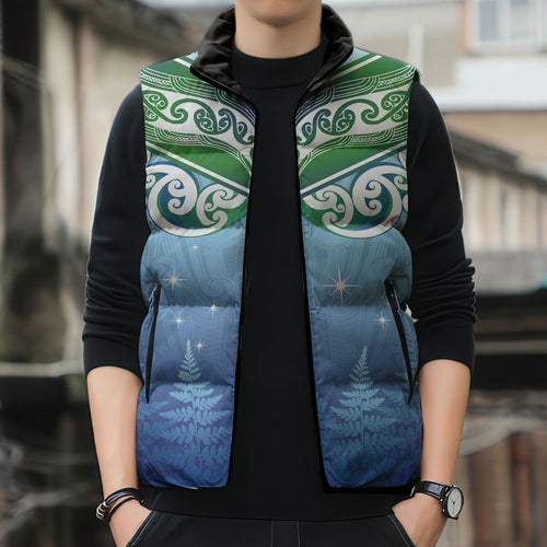Aotearoa New Zealand New Year Sleeveless Puffer Jacket Maori Motifs with Silver Fern and Matariki Stars