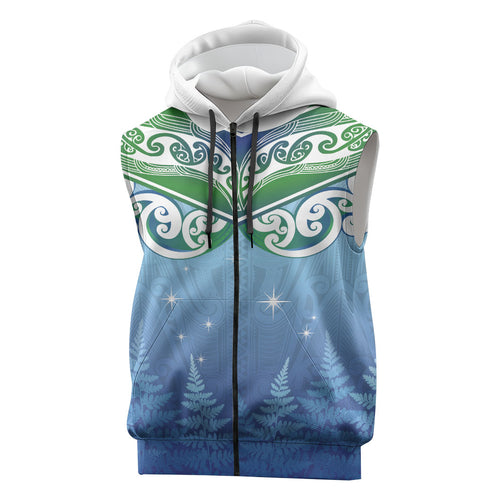 Aotearoa New Zealand New Year Sleeveless Zip Hoodie Maori Motifs with Silver Fern and Matariki Stars