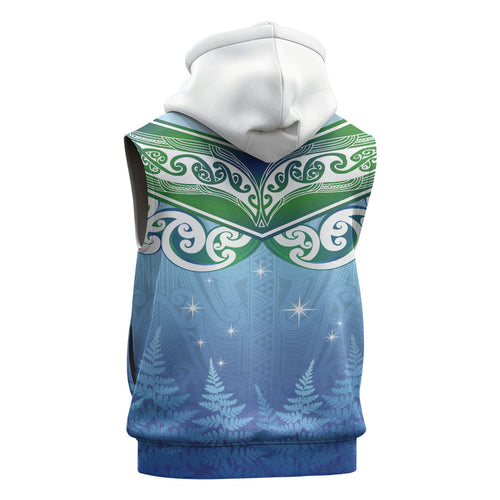 Aotearoa New Zealand New Year Sleeveless Zip Hoodie Maori Motifs with Silver Fern and Matariki Stars