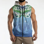 Aotearoa New Zealand New Year Sleeveless Zip Hoodie Maori Motifs with Silver Fern and Matariki Stars