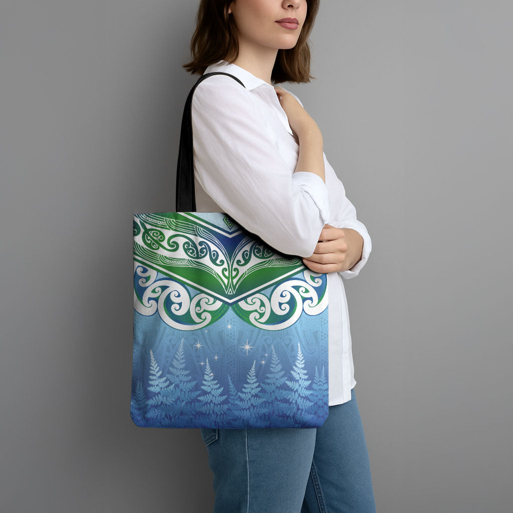 Aotearoa New Zealand New Year Tote Bag Maori Motifs with Silver Fern and Matariki Stars