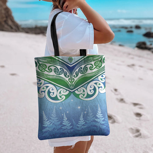 Aotearoa New Zealand New Year Tote Bag Maori Motifs with Silver Fern and Matariki Stars
