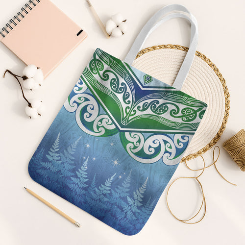Aotearoa New Zealand New Year Tote Bag Maori Motifs with Silver Fern and Matariki Stars