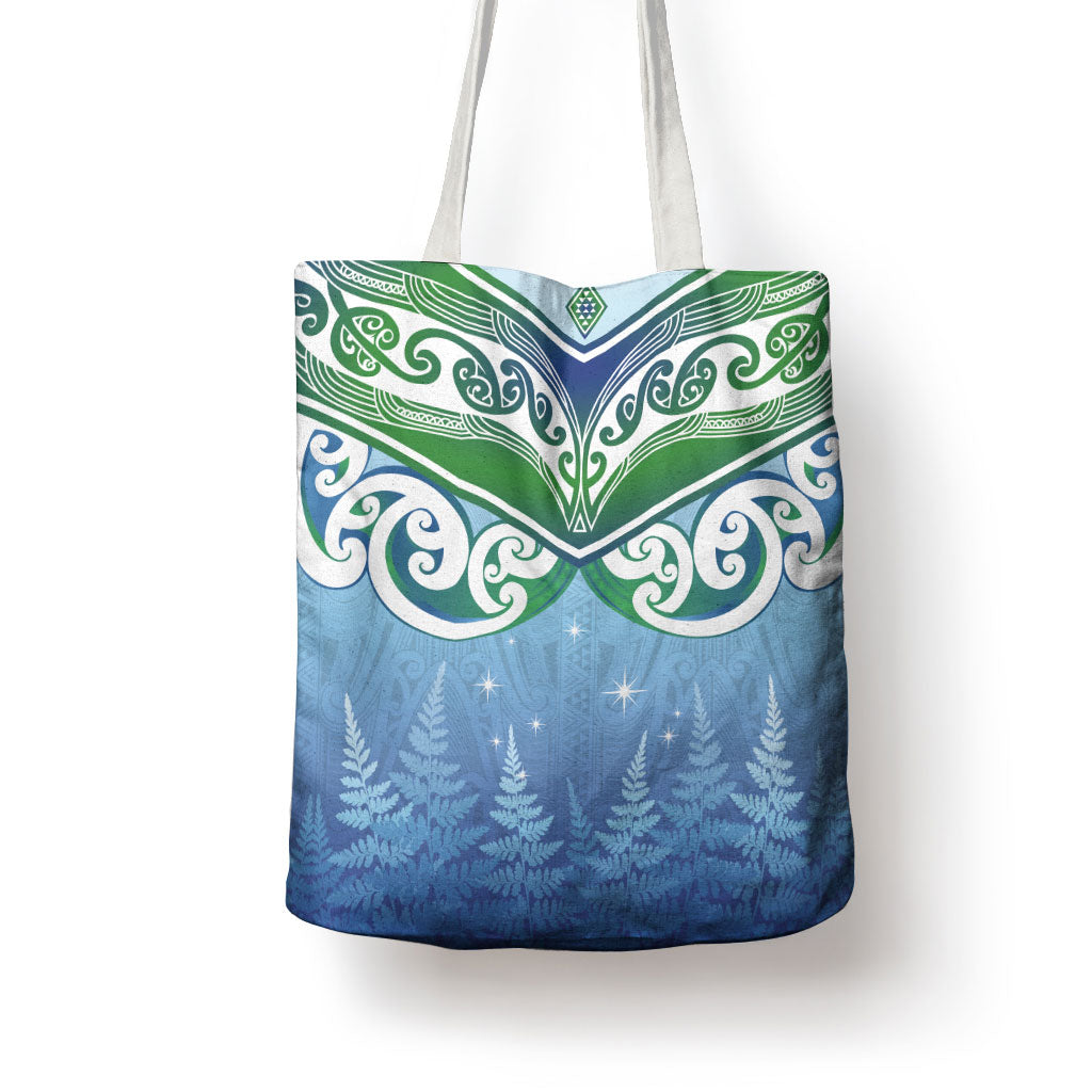 Aotearoa New Zealand New Year Tote Bag Maori Motifs with Silver Fern and Matariki Stars