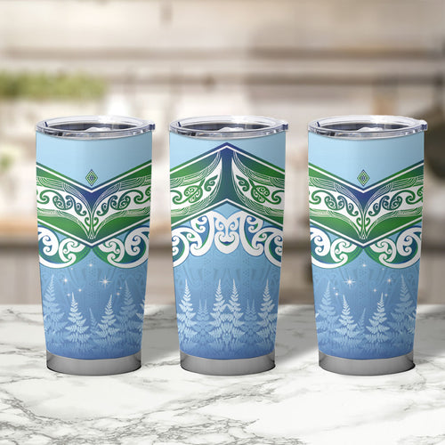 Aotearoa New Zealand New Year Tumbler Cup Maori Motifs with Silver Fern and Matariki Stars