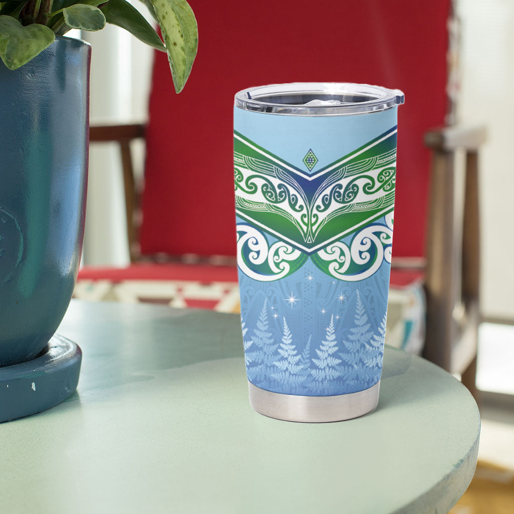 Aotearoa New Zealand New Year Tumbler Cup Maori Motifs with Silver Fern and Matariki Stars
