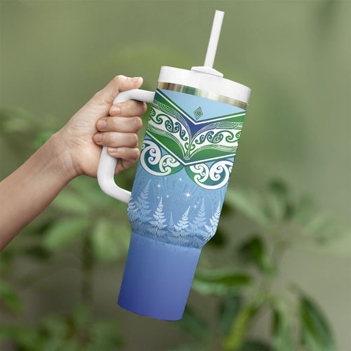 Aotearoa New Zealand New Year Tumbler With Handle Maori Motifs with Silver Fern and Matariki Stars