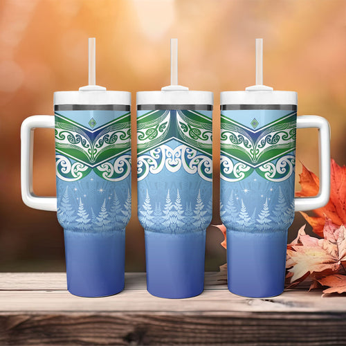 Aotearoa New Zealand New Year Tumbler With Handle Maori Motifs with Silver Fern and Matariki Stars