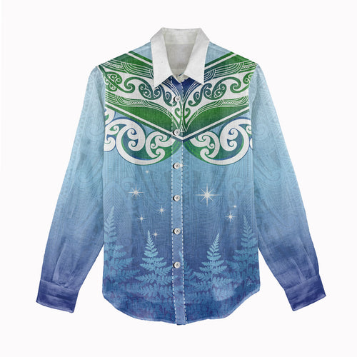 Aotearoa New Zealand New Year Women Casual Shirt Maori Motifs with Silver Fern and Matariki Stars