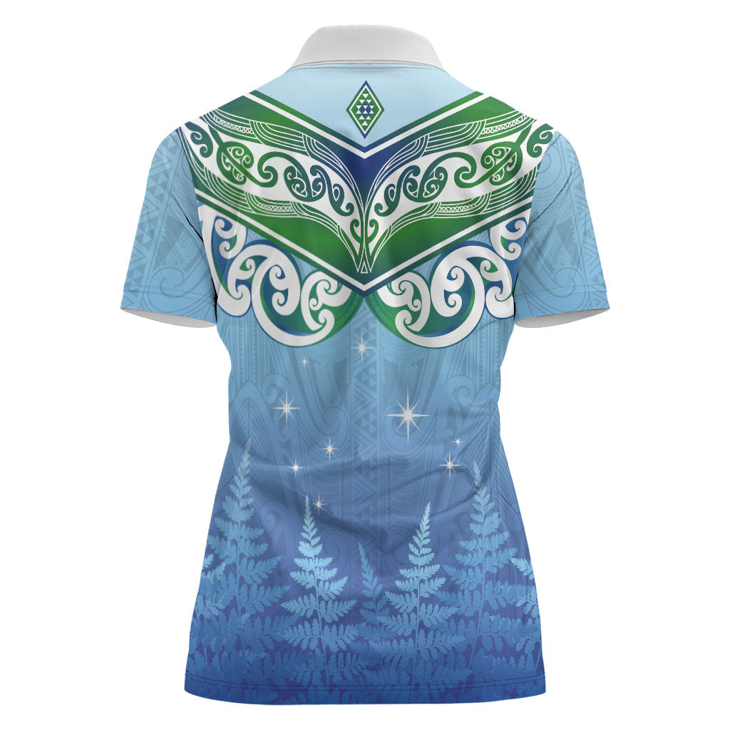 Aotearoa New Zealand New Year Women Polo Shirt Maori Motifs with Silver Fern and Matariki Stars