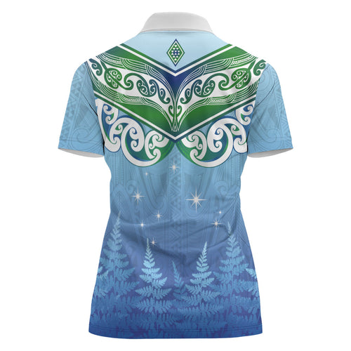 Aotearoa New Zealand New Year Women Polo Shirt Maori Motifs with Silver Fern and Matariki Stars
