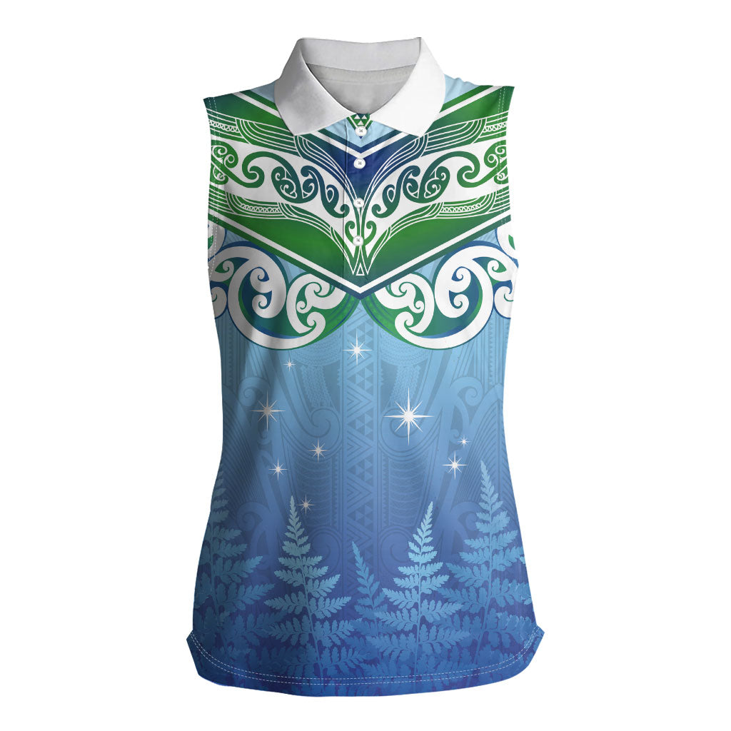 Aotearoa New Zealand New Year Women Sleeveless Polo Shirt Maori Motifs with Silver Fern and Matariki Stars