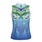 Aotearoa New Zealand New Year Women Sleeveless Polo Shirt Maori Motifs with Silver Fern and Matariki Stars