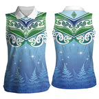 Aotearoa New Zealand New Year Women Sleeveless Polo Shirt Maori Motifs with Silver Fern and Matariki Stars