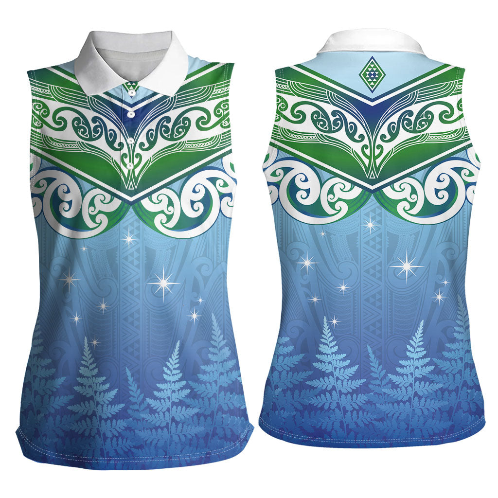 Aotearoa New Zealand New Year Women Sleeveless Polo Shirt Maori Motifs with Silver Fern and Matariki Stars