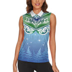 Aotearoa New Zealand New Year Women Sleeveless Polo Shirt Maori Motifs with Silver Fern and Matariki Stars