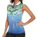 Aotearoa New Zealand New Year Women Sleeveless Polo Shirt Maori Motifs with Silver Fern and Matariki Stars