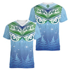 Aotearoa New Zealand New Year Women V-Neck T-Shirt Maori Motifs with Silver Fern and Matariki Stars