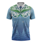 Aotearoa New Zealand New Year Zipper Polo Shirt Maori Motifs with Silver Fern and Matariki Stars
