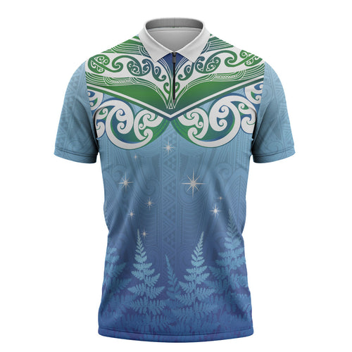 Aotearoa New Zealand New Year Zipper Polo Shirt Maori Motifs with Silver Fern and Matariki Stars