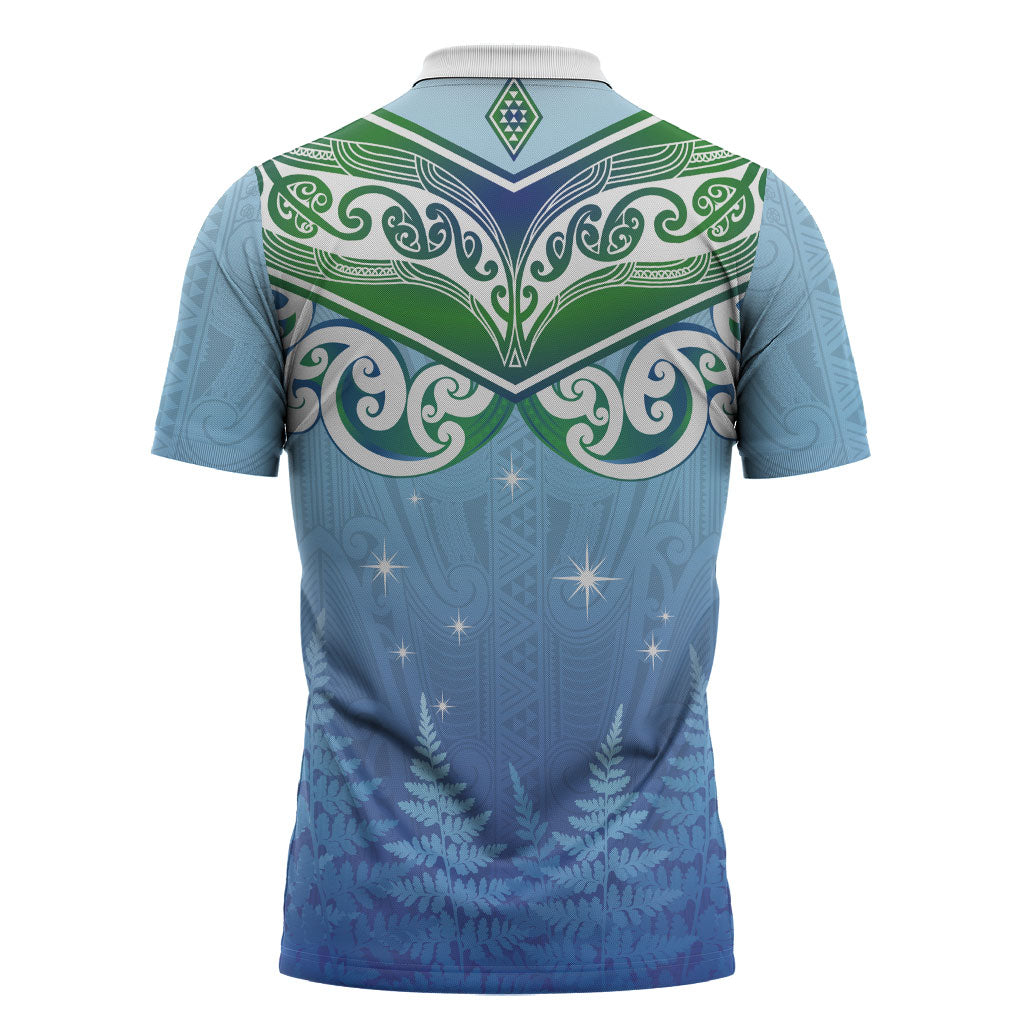 Aotearoa New Zealand New Year Zipper Polo Shirt Maori Motifs with Silver Fern and Matariki Stars