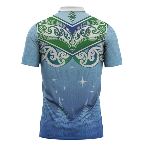 Aotearoa New Zealand New Year Zipper Polo Shirt Maori Motifs with Silver Fern and Matariki Stars