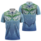 Aotearoa New Zealand New Year Zipper Polo Shirt Maori Motifs with Silver Fern and Matariki Stars