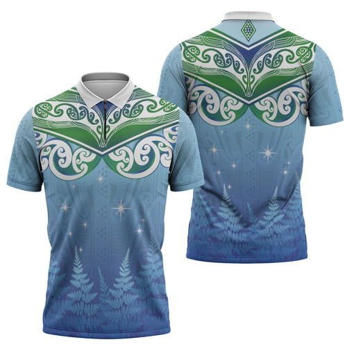 Aotearoa New Zealand New Year Zipper Polo Shirt Maori Motifs with Silver Fern and Matariki Stars