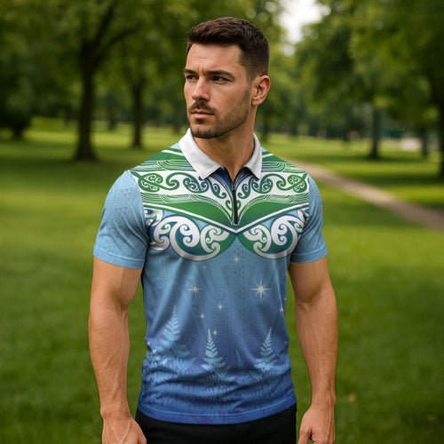 Aotearoa New Zealand New Year Zipper Polo Shirt Maori Motifs with Silver Fern and Matariki Stars