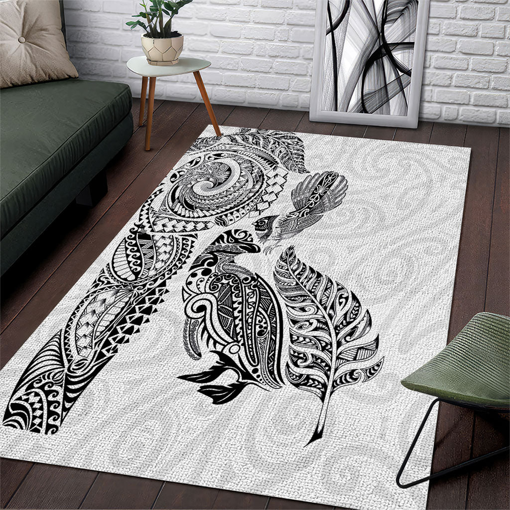 Aotearoa Moko Tribal Tattoo Area Rug New Zealand Maori Penguin and Fantail White Color