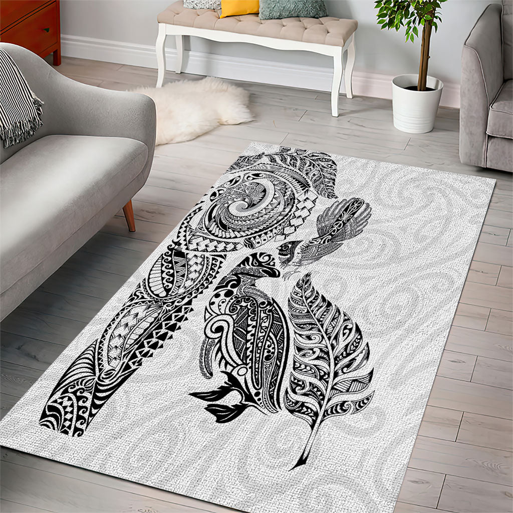 Aotearoa Moko Tribal Tattoo Area Rug New Zealand Maori Penguin and Fantail White Color