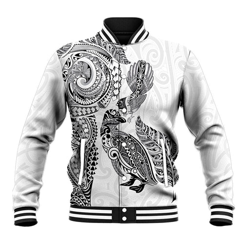 Aotearoa Moko Tribal Tattoo Baseball Jacket New Zealand Maori Penguin and Fantail White Color