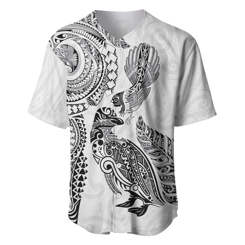 Aotearoa Moko Tribal Tattoo Baseball Jersey New Zealand Maori Penguin and Fantail White Color