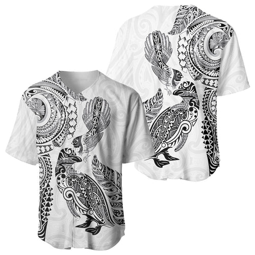 Aotearoa Moko Tribal Tattoo Baseball Jersey New Zealand Maori Penguin and Fantail White Color