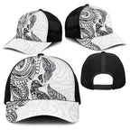Aotearoa Moko Tribal Tattoo Baseball Net Cap New Zealand Maori Penguin and Fantail White Color