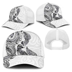 Aotearoa Moko Tribal Tattoo Baseball Net Cap New Zealand Maori Penguin and Fantail White Color