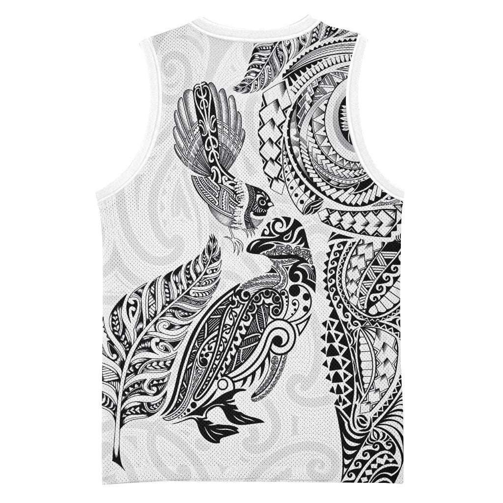 Aotearoa Moko Tribal Tattoo Basketball Jersey New Zealand Maori Penguin and Fantail White Color