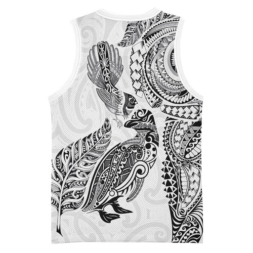 Aotearoa Moko Tribal Tattoo Basketball Jersey New Zealand Maori Penguin and Fantail White Color