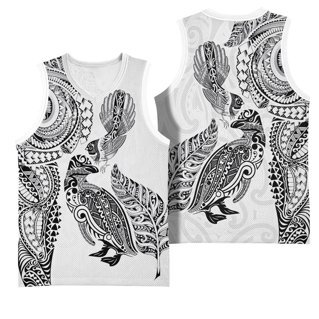 Aotearoa Moko Tribal Tattoo Basketball Jersey New Zealand Maori Penguin and Fantail White Color