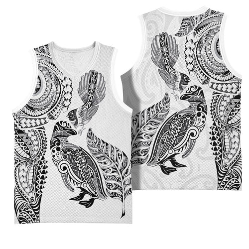 Aotearoa Moko Tribal Tattoo Basketball Jersey New Zealand Maori Penguin and Fantail White Color