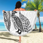 Aotearoa Moko Tribal Tattoo Beach Blanket New Zealand Maori Penguin and Fantail White Color