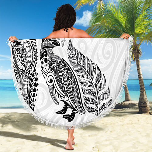 Aotearoa Moko Tribal Tattoo Beach Blanket New Zealand Maori Penguin and Fantail White Color