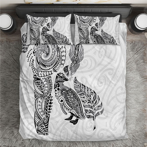 Aotearoa Moko Tribal Tattoo Bedding Set New Zealand Maori Penguin and Fantail White Color