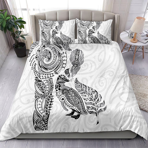 Aotearoa Moko Tribal Tattoo Bedding Set New Zealand Maori Penguin and Fantail White Color