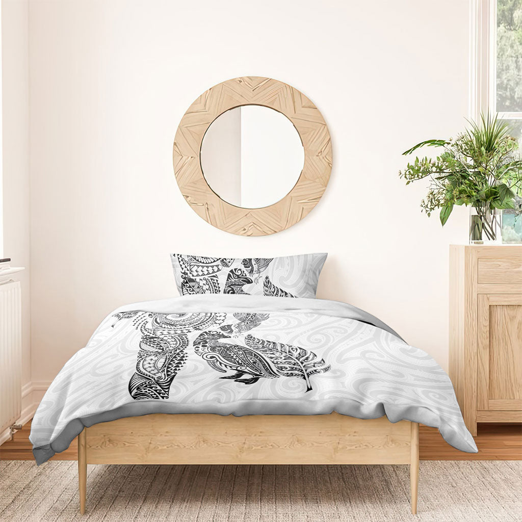 Aotearoa Moko Tribal Tattoo Bedding Set New Zealand Maori Penguin and Fantail White Color
