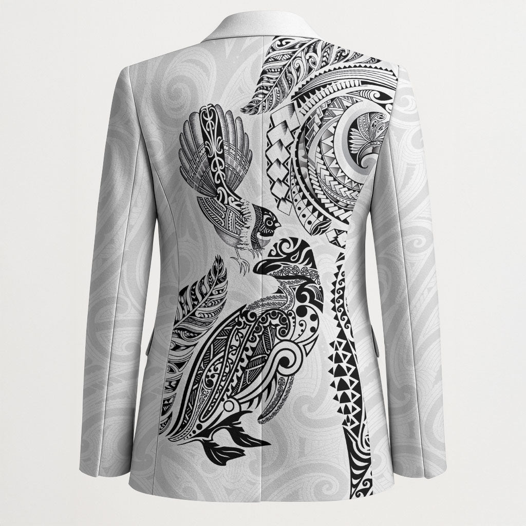 Aotearoa Moko Tribal Tattoo Blazer New Zealand Maori Penguin and Fantail White Color
