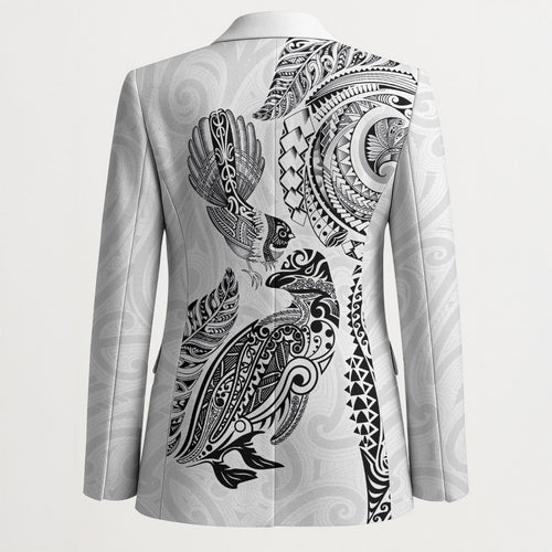 Aotearoa Moko Tribal Tattoo Blazer New Zealand Maori Penguin and Fantail White Color
