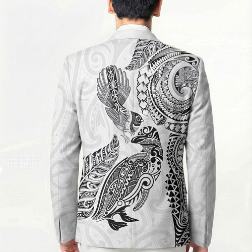 Aotearoa Moko Tribal Tattoo Blazer New Zealand Maori Penguin and Fantail White Color