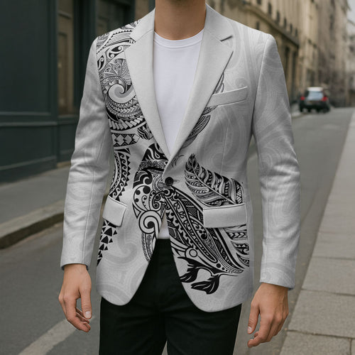 Aotearoa Moko Tribal Tattoo Blazer New Zealand Maori Penguin and Fantail White Color